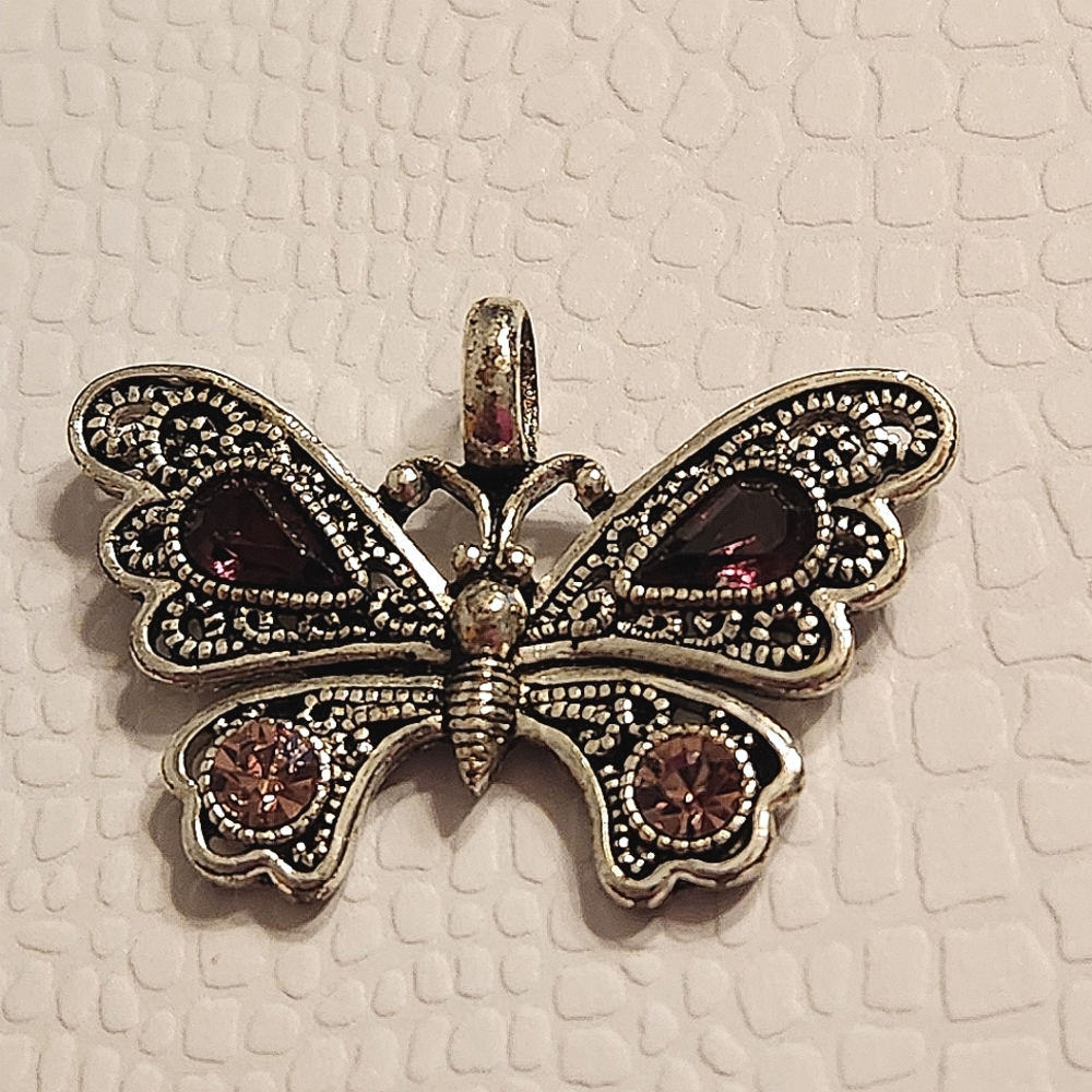 Silvertone Butterfly Pendant Purple Pink Crystals